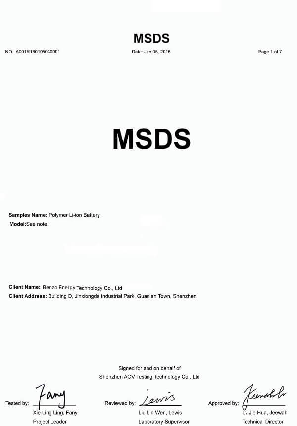 li polymer Battery msds Certifications