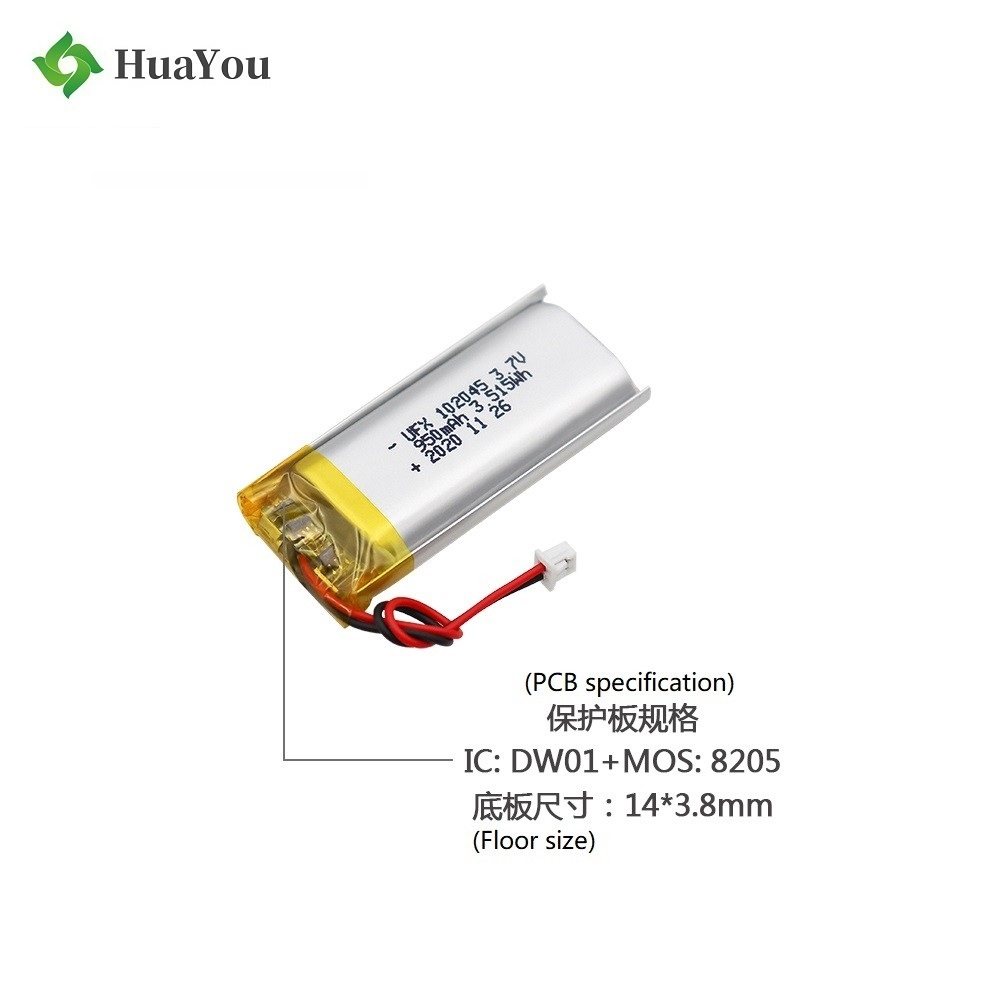 102045 950mAh 3.7V Lithium Polymer Battery